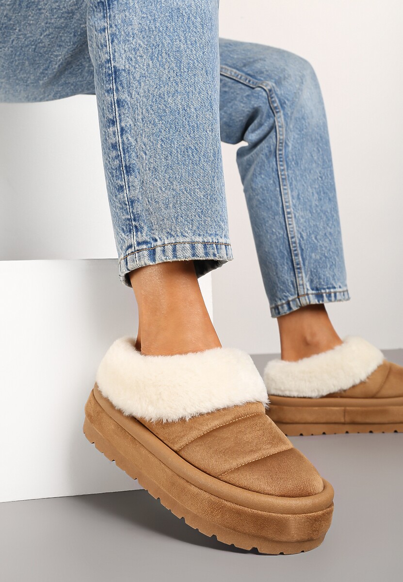 Beżowe Niskie Śniegowce Ekozamszowe na Platformie z Pikowaniem i Futerkiem Realira