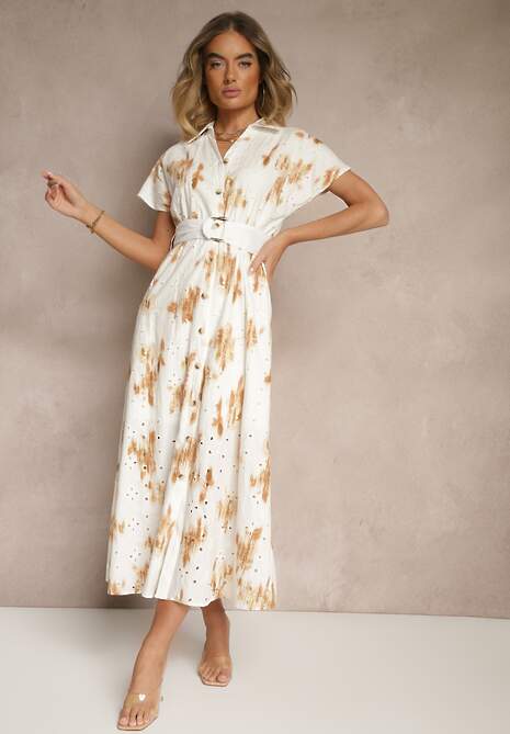 Biało-Pomarańczowa Bawełniana Sukienka z Ażurowym Zdobieniem o Koszulowym Kroju z Paskiem Velpio