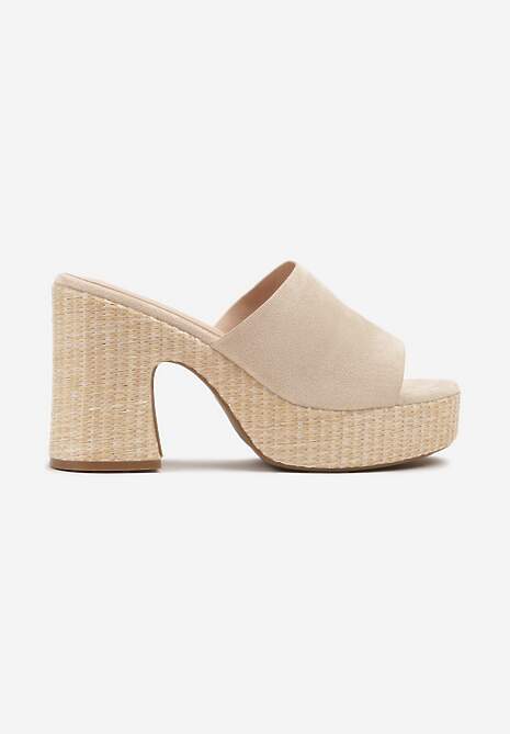 Beżowe Klapki na Słupkowym Obcasie z Cholewką z Ekozamszu Voerina