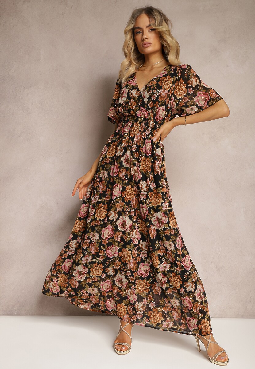 Czarno-Beżowa Sukienka z Kopertowym Dekoltem z Gumką w Talii i Metaliczną Nicią Sollas