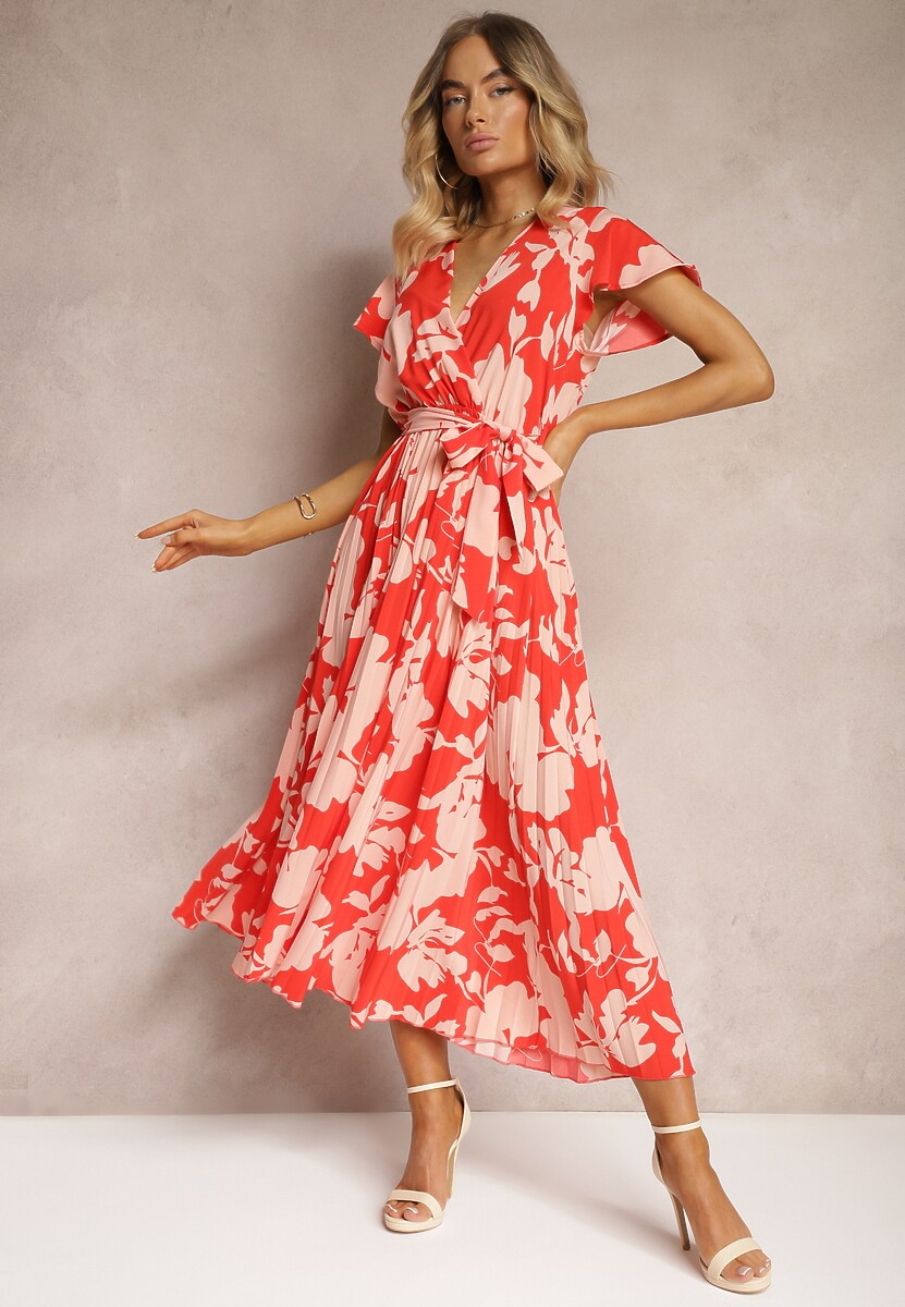 Czerwona Kopertowa Plisowana Sukienka Koktajlowa z Gumką i Paskiem w Talii Benelsea