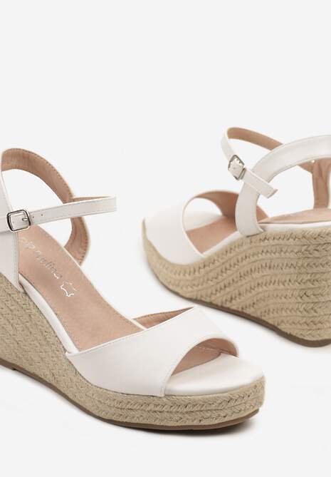 Białe Sandały na Plecionym Koturnie z Wkładką ze Skóry Naturalnej Devaraie