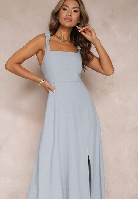 Niebieska Rozkloszowana Sukienka Bawełniana z Kwadratowym Dekoltem Trenna