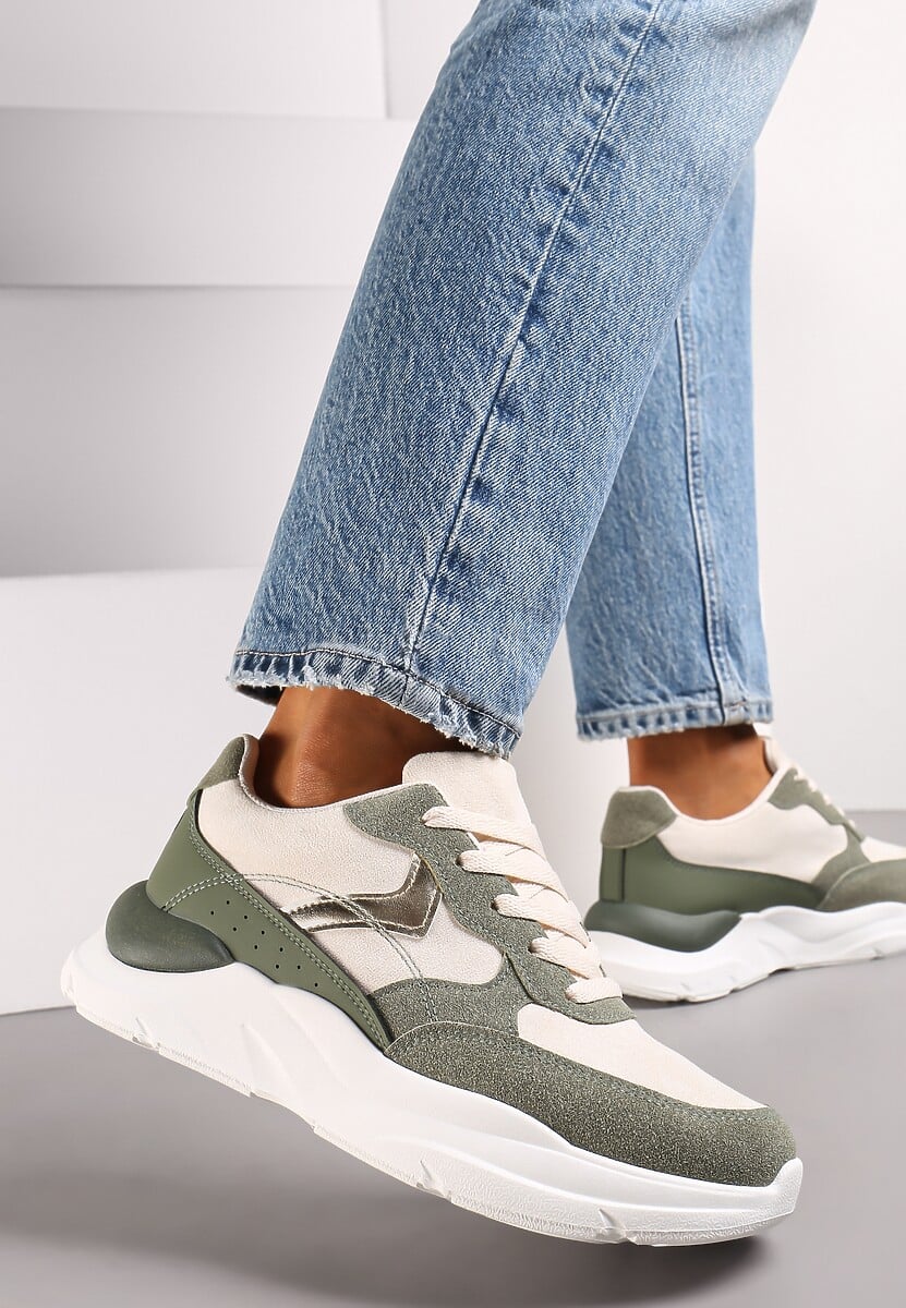 Zielone Sneakersy na Grubej Podeszwie z Ozdobnymi Wstawkami Alechan