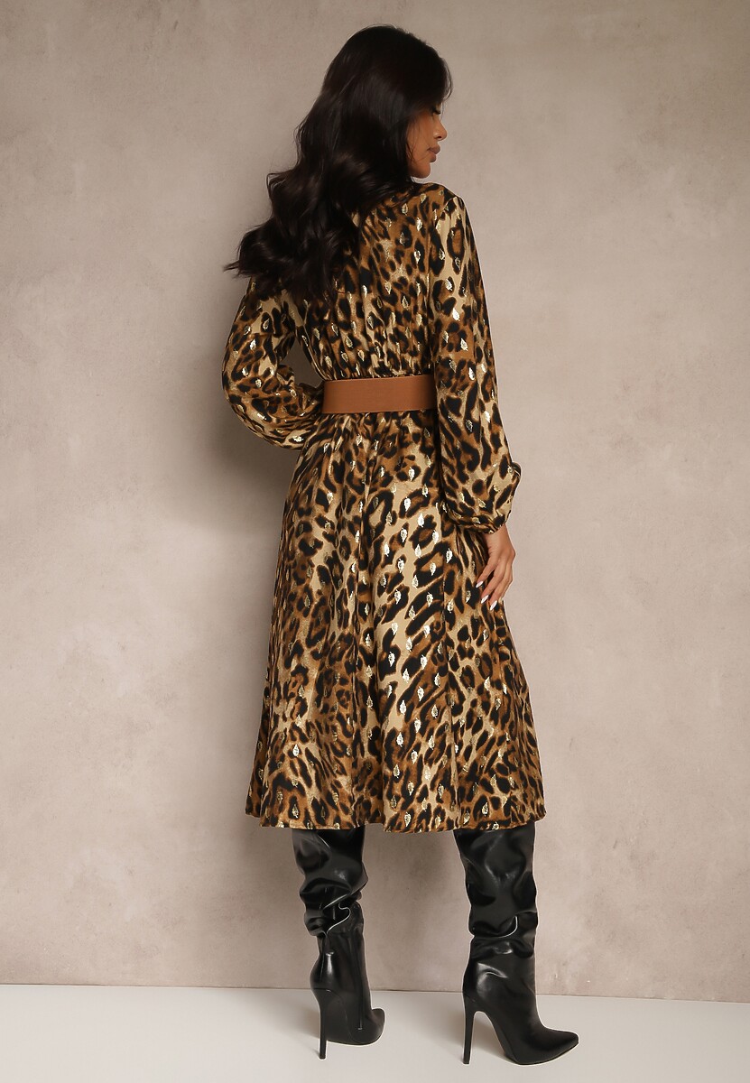 Brązowa Sukienka z Wiskozą o Kopertowym Kroju z Paskiem i Gumką w Talii w Panterkę Hannira