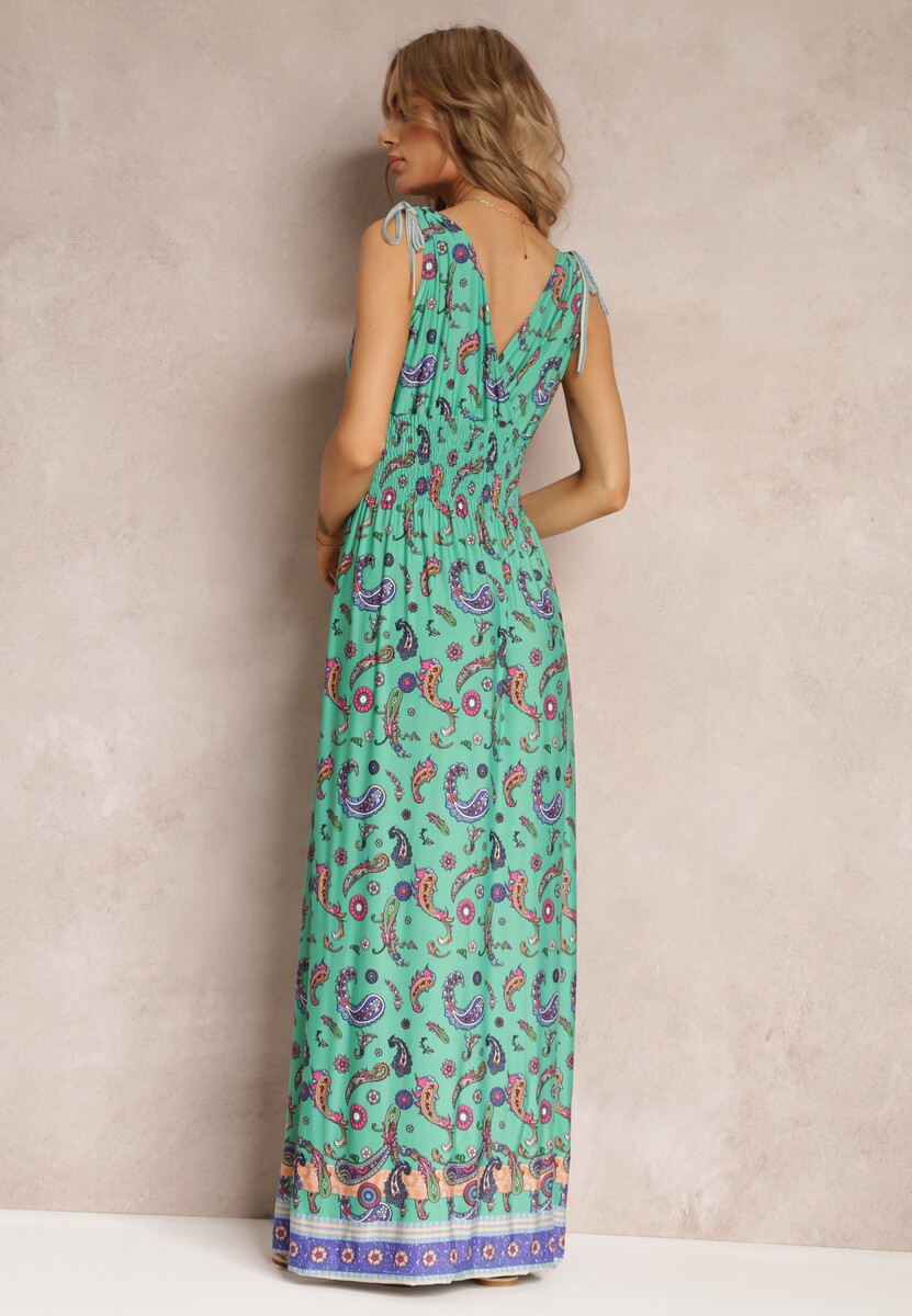 Zielona Sukienka Maxi we Wzór Pailsey z Rozkloszowanym Dołem i Gumką w Talii Kinslei