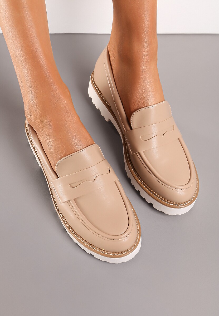 Beżowe Casualowe Mokasyny na Płaskiej Podeszwie z Ozdobnym Paskiem Apahida