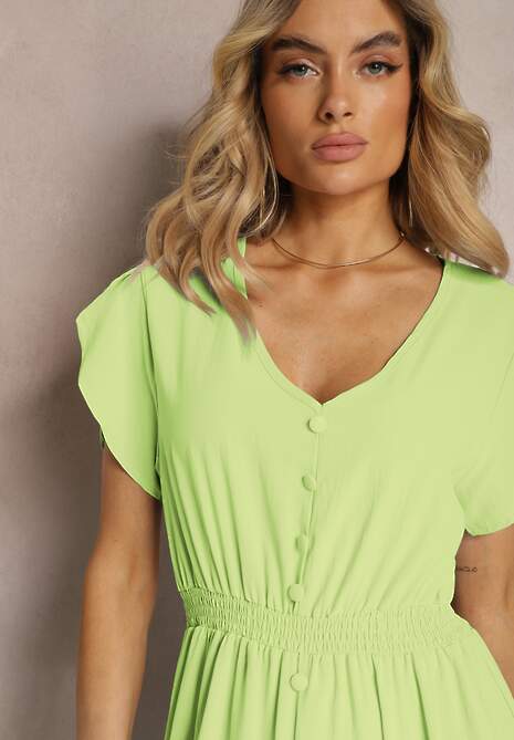 Jasnozielona Rozkloszowana Sukienka z Gumkami w Talii z Guzikami i Rozcięciem Gafia