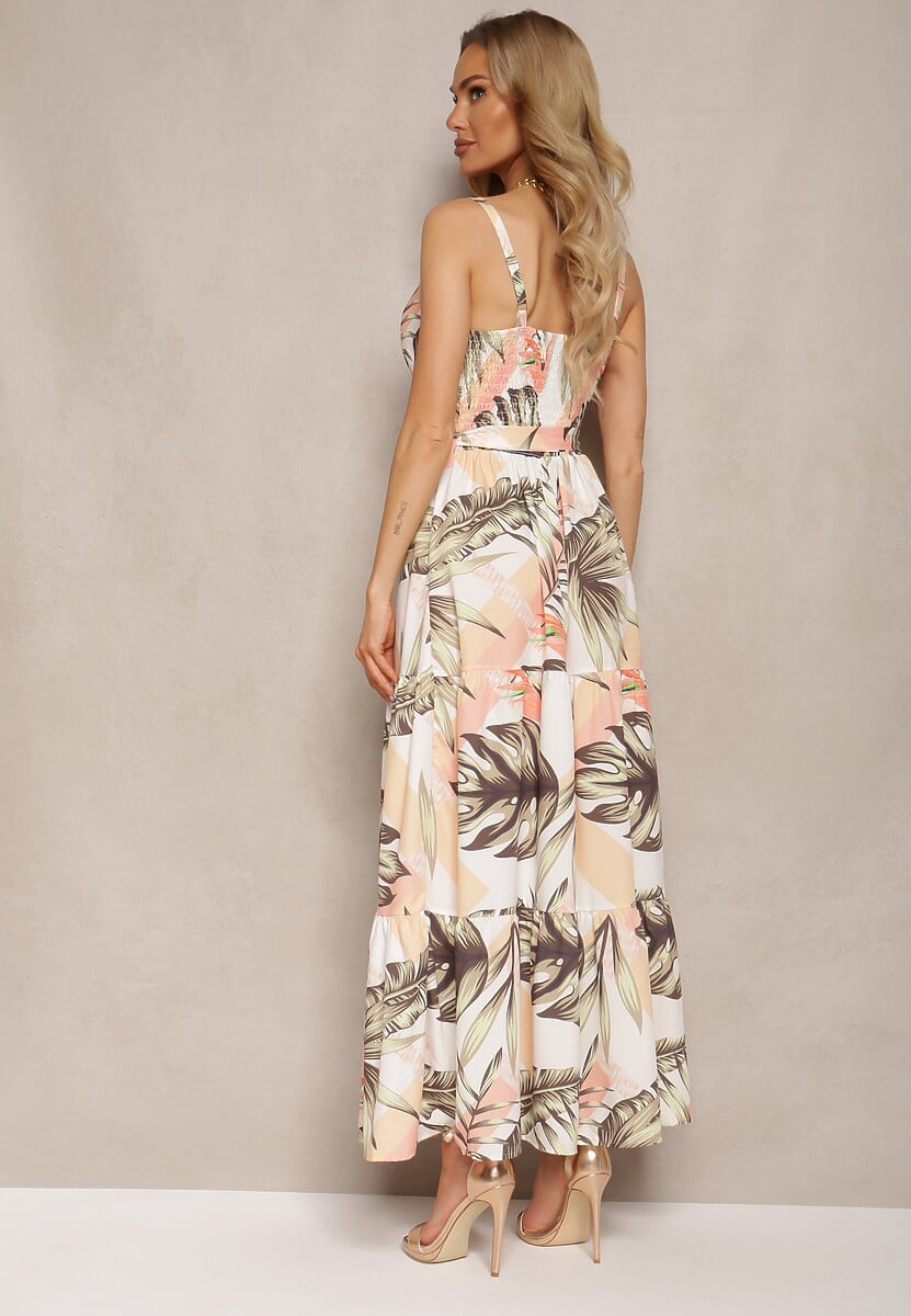 Jasnobeżowa Kopertowa Sukienka Rozkloszowana z Florystycznym Printem i Cienkimi Ramiączkami Jasara