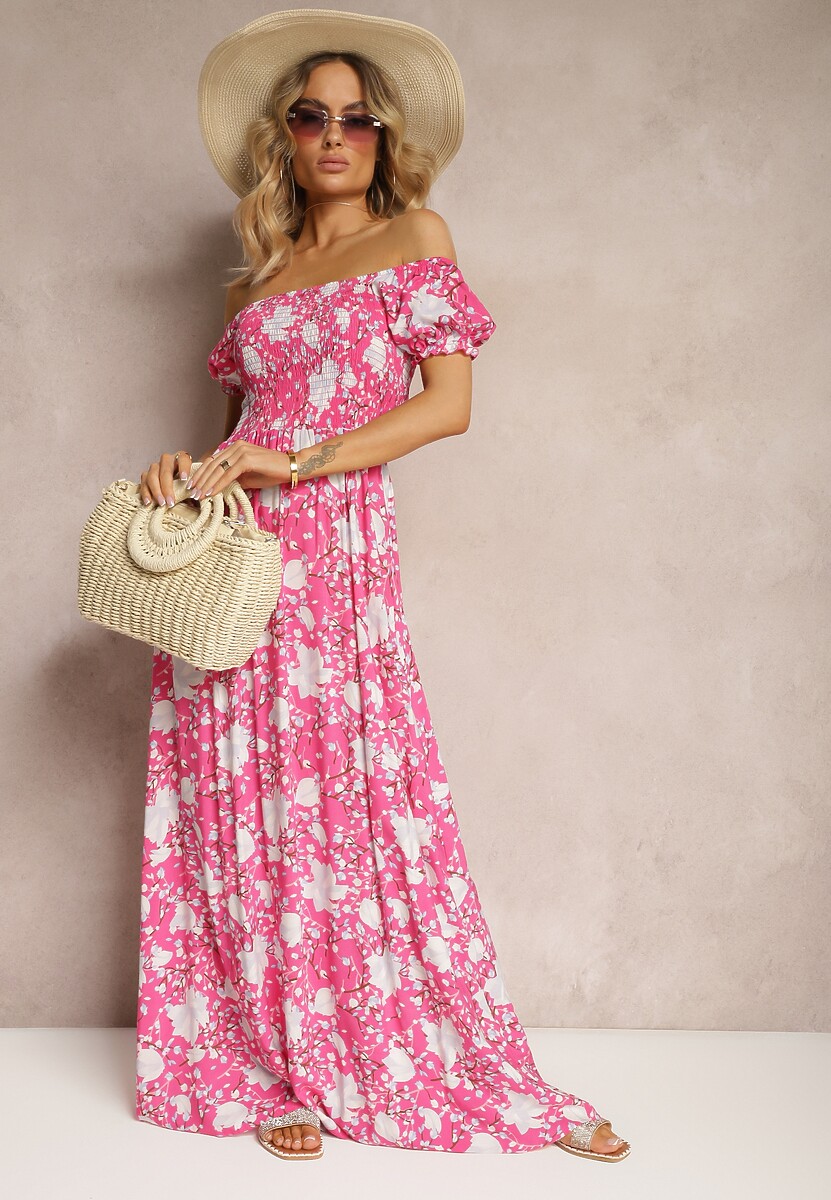 Różowa Kwiecista Sukienka o Rozkloszowanym Kroju z Marszczoną Górą Eliseria