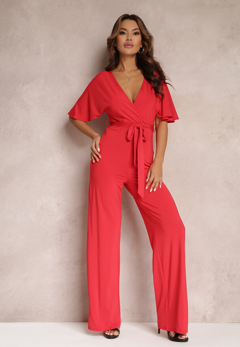Czerwony Długi Kombinezon z Wiązaniem i Głębokim Kopertowym Dekoltem Sumya