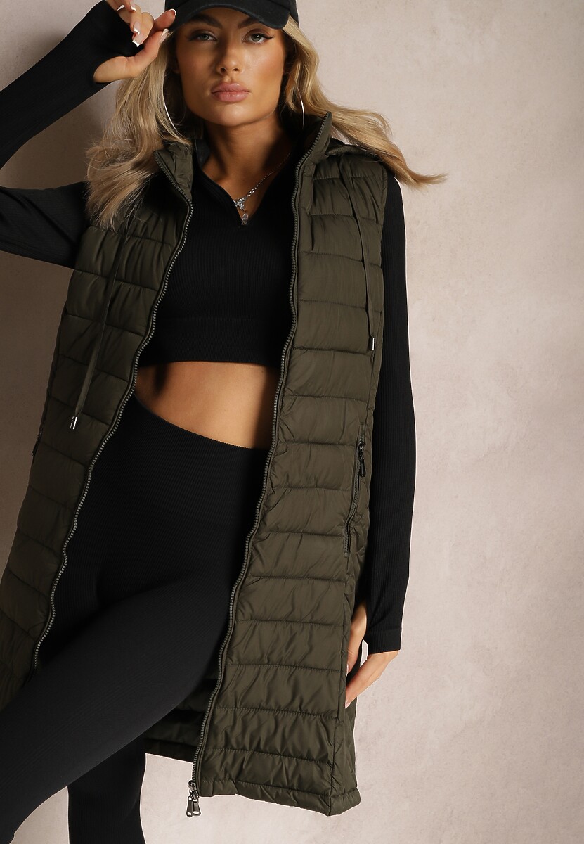 Ciemnozielona Pikowana Kamizelka z Odpinanym Kapturem Lasathi