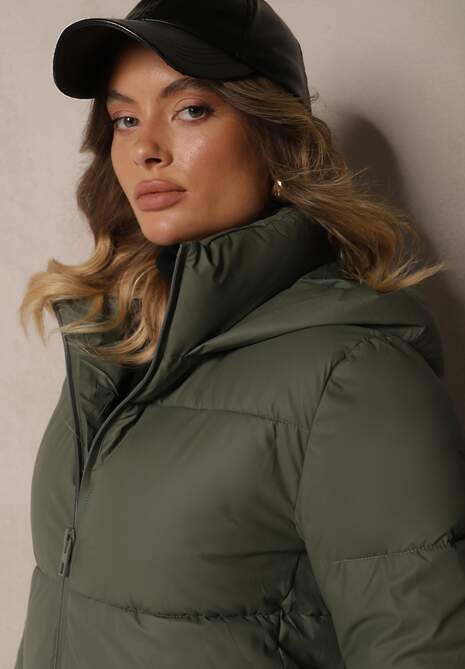 Ciemnozielona Klasyczna Kurtka z Pikowanymi Przeszyciami Kapturem i Kieszeniami Anrinna