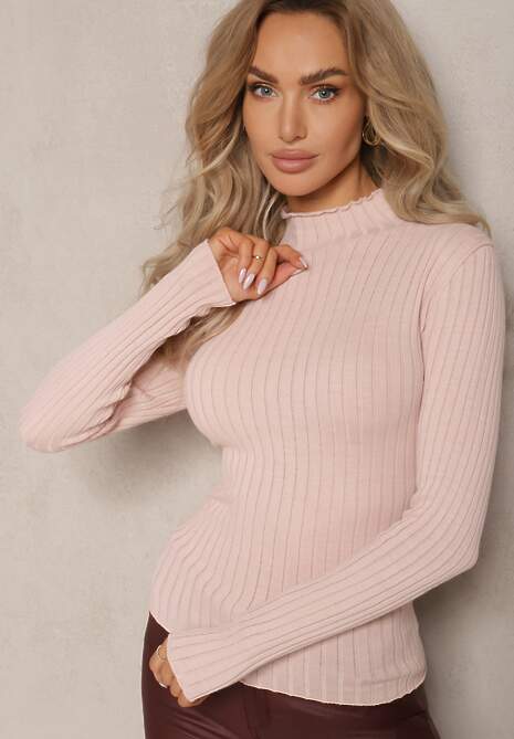 Jasnoróżowy Prążkowany Sweter z Półgolfem Kikisha