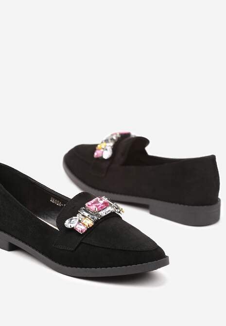 Czarne Wsuwane Mokasyny z Aplikacją z Kryształków Palirona