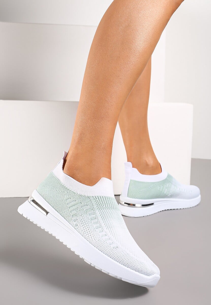 Biało-Zielone Buty Sportowe z Nadrukiem Obmre i Skarpetkową Cholewką Erinevia