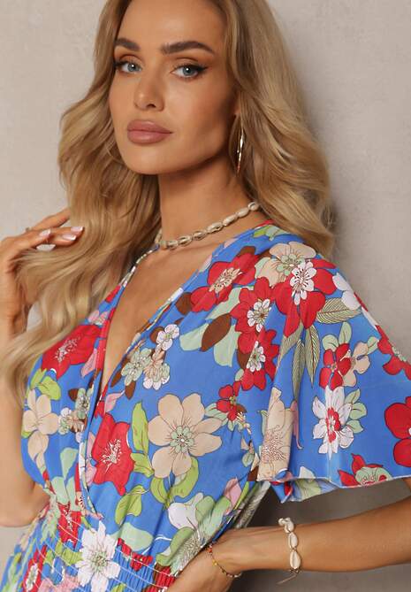 Niebiesko-Czerwona Sukienka z Gumką w Talii z Trójkątnym Dekoltem w Kwiatowy Wzór Nellvia