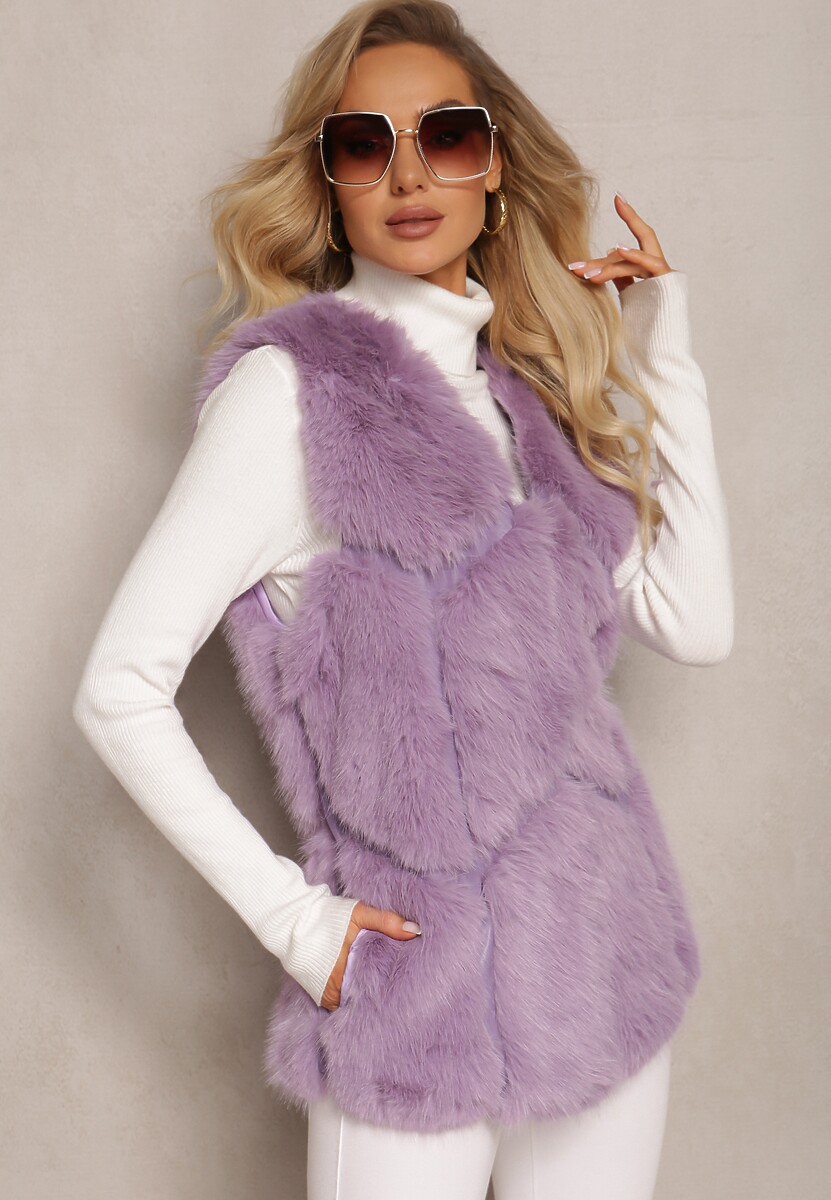 Fioletowa Futrzana Kamizelka z Wstawkami z Ekoskóry Lewja