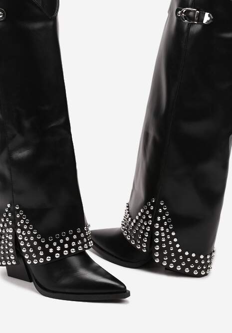 Czarne Kozaki z Ekoskóry w Stylu Kowbojek z Nitami i Wywiniętą Cholewką Irimora