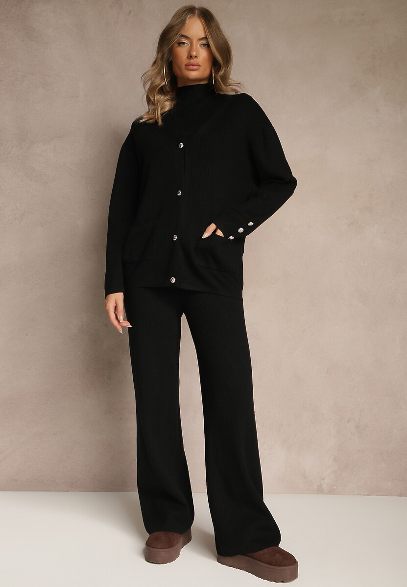 Czarny Komplet z Dzianiny z Bawełną Spodnie Kardigan i T-shirt z Golfem Ralonia