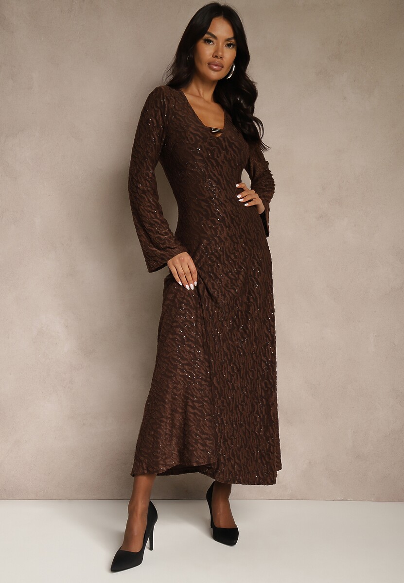 Czarna Rozkloszowana Sukienka Longsleeve w Zebrę Zdobiona Brokatem Mevilisa