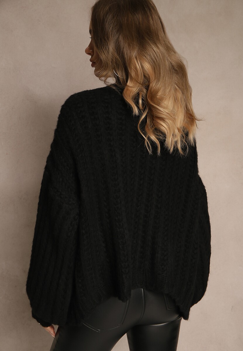 Czarny Oversizowy Kardigan Bez Zapięć z Dodatkiem Wełny i Wiskozy Titanesa