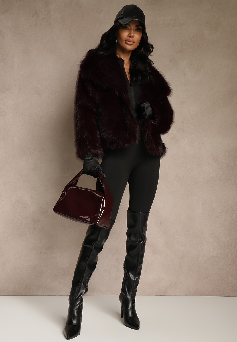 Bordowa Kurtka Futrzana Ozdobiona Kołnierzem Avelire