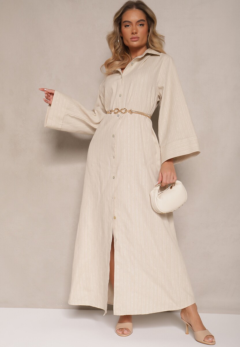 Beżowa Pudełkowa Sukienka z Lnem o Koszulowym Kroju Mirloti