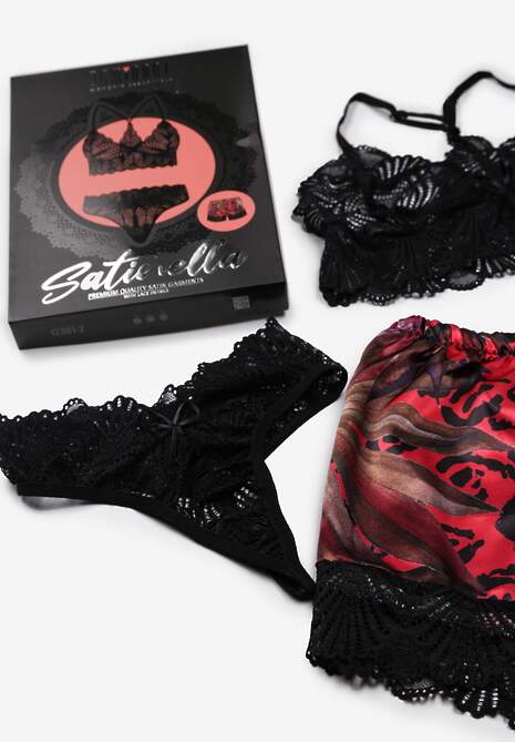 Czarno-Czerwony Komplet Piżamowy z Koronkowym Topem i Spodenkami oraz Stringami Peruvia