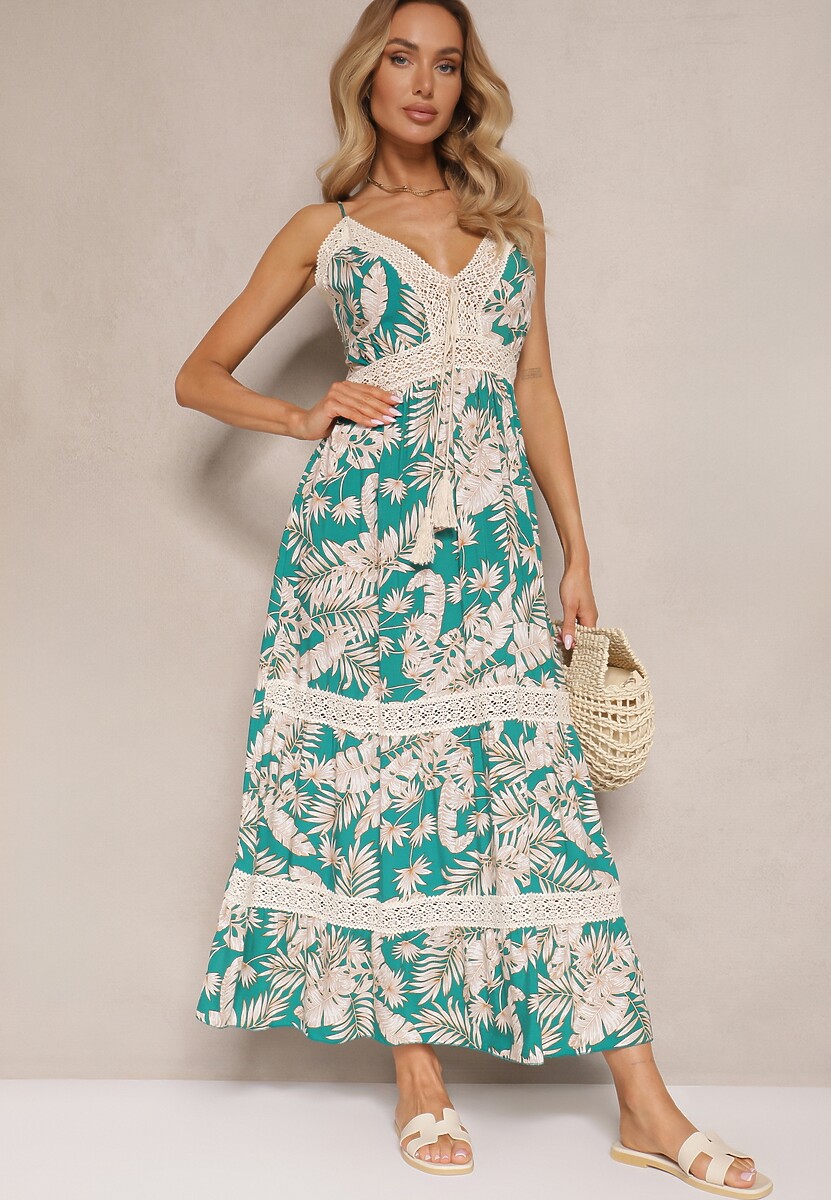 Zielona Rozkloszowana Sukienka z Bawełny w Tropikalny Print z Koronką Alulora