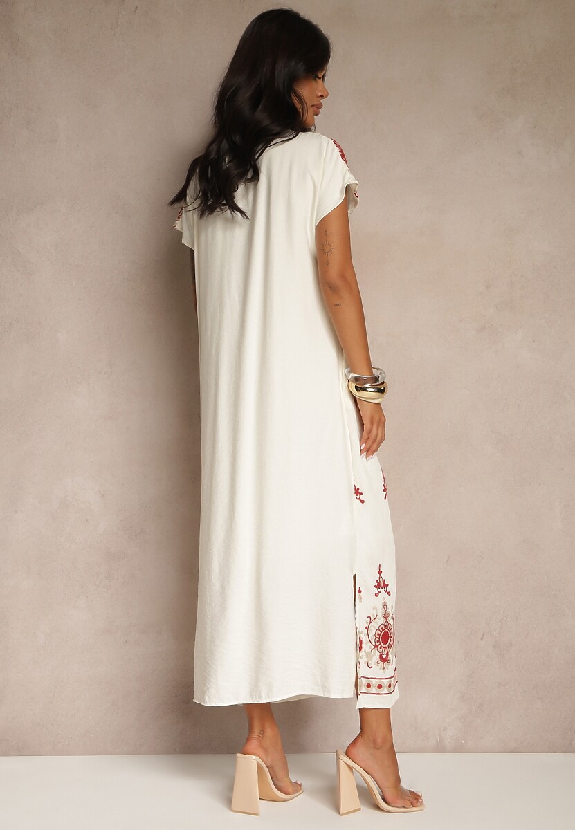 Biało-Czerwona Sukienka z Wiskozy ze Wzorem w Stylu Etno Meluriela