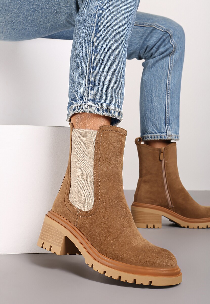 Ciemnobeżowe Botki na Słupku w Stylu Sztybletów z Elastyczną Gumką Ciandra