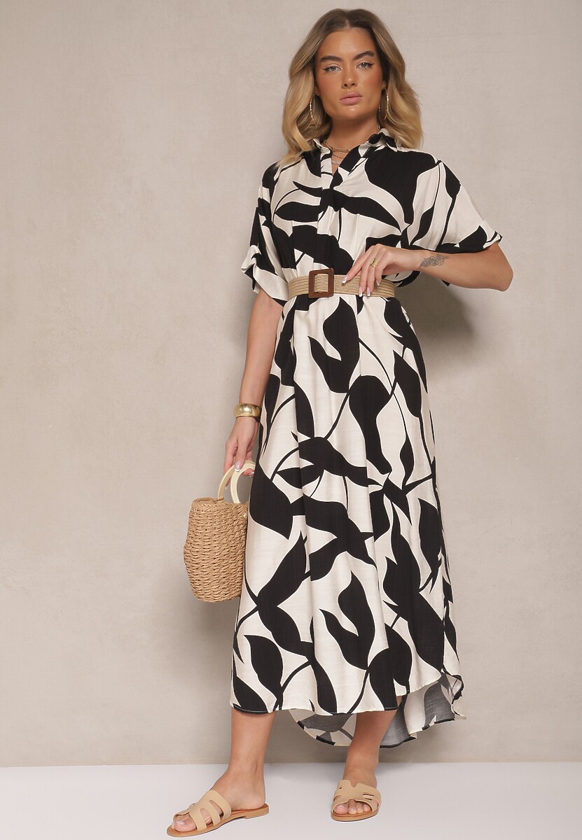 Czarna Rozkloszowana Sukienka w Abstrakcyjny Wzór z Bawełną Telianiela