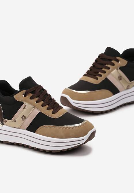 Brązowe Sneakersy z Dekoracyjnymi Wstawkami na Platformie w Paski Letorra