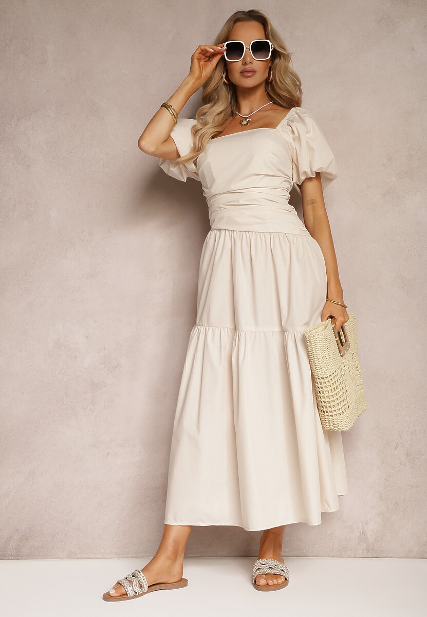 Niebieska Sukienka z Marszczeniem i Wiskozą Ozdobiona Bufiastymi Rękawami i Falbanką Monvia