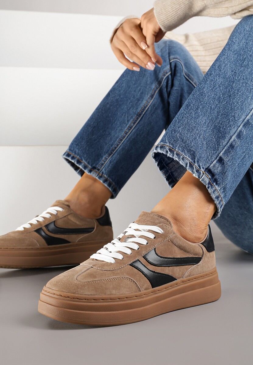 Czerwone Zamszowe Sneakersy Tenisówki Ozdobione Geometrycznym Motywem Nalivette