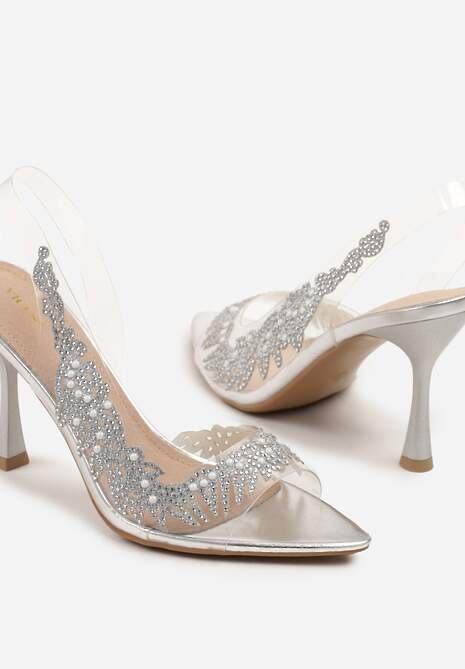 Srebrne Przezroczyste Sandały na Szpilce Vices ze Skórzaną Wkładką i Cyrkoniami Oviassa