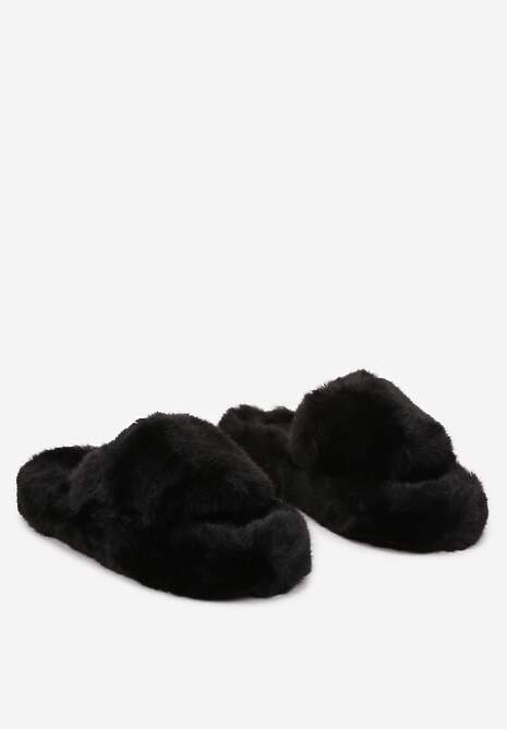 Czarne Płaskie Kapcie Ozdobione Futerkiem Narinae