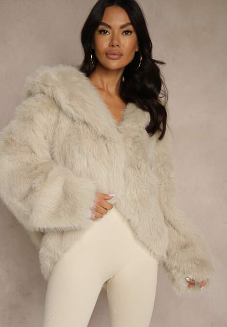 Beżowa Kurtka Futerko z Kapturem o Prostym Kroju Serrise