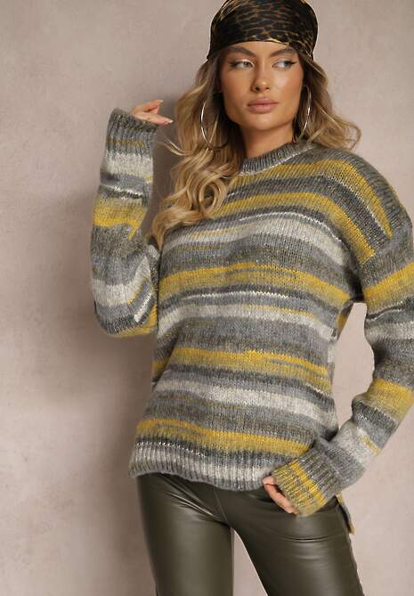 Szaro-Zielony Sweter Ozdobiony Poziomymi Paskami Atorila