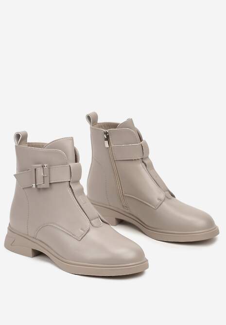Beżowe Płaskie Botki Sztyblety Wykończone Klamrą z Regulacją Mivanella