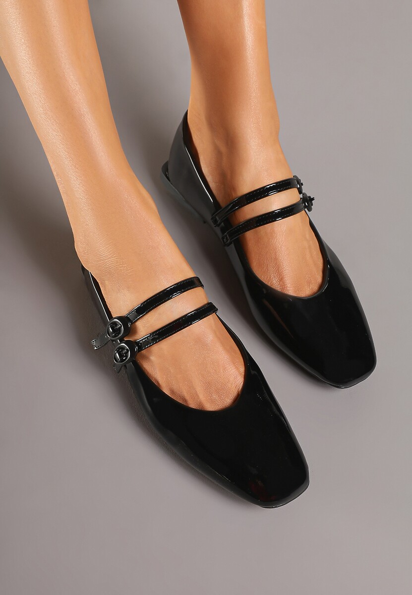 Czarne Balerinki Płaskie Lakierowane z Paskami na Sprzączkę i Kwadratowym Noskiem Mailene
