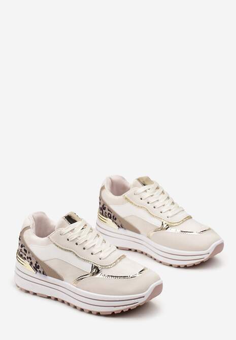 Beżowe Sneakersy na Wysokiej Podeszwie z Błyszczącymi Wstawkami Lovana