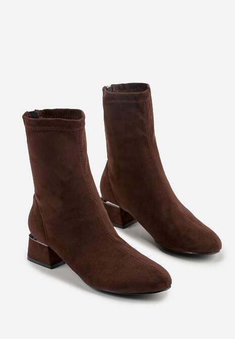 Brązowe Eleganckie Botki VICES Skarpetkowe na Klocku z Metalicznym Zdobieniem Rivite