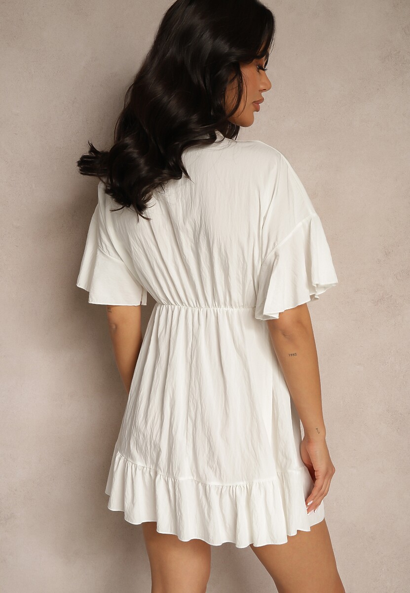 Biała Rozkloszowana Sukienka z Wiskozą z Rękawami Typu Nietoperz i Falbanką Nellimi