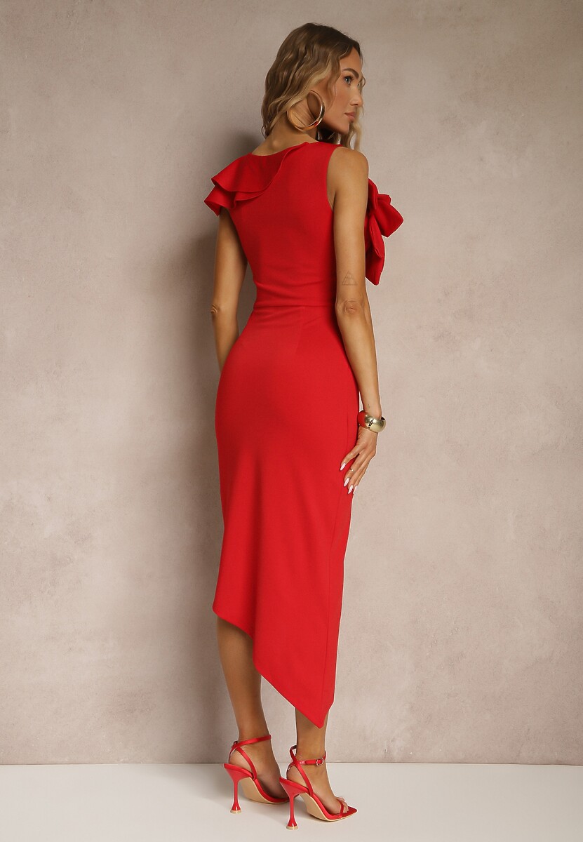 Czerwona Koktajlowa Asymetryczna Sukienka Vices z Kwiatem 3D i Falbankami Tolelira