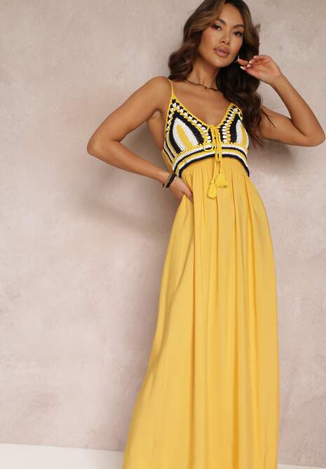 Żółta Bawełniana Sukienka Maxi z Szydełkową Górą i Gumkami na Plecach Jennesia