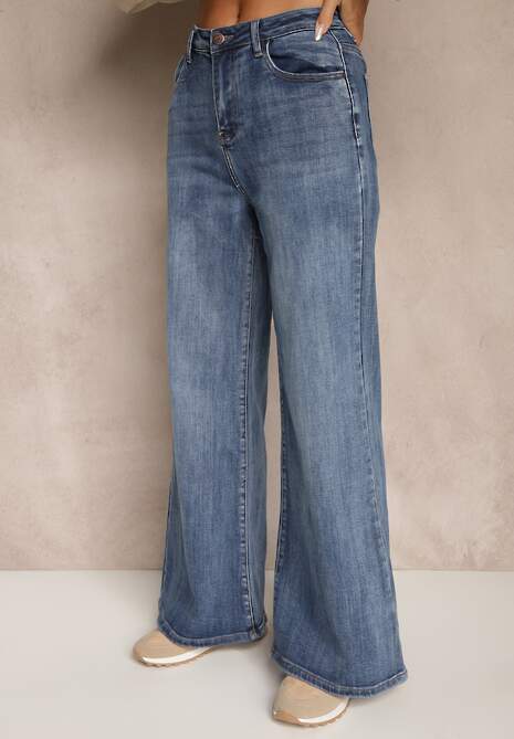 Niebieskie Jeansy High Waist z Szeroką Nogawką Elzaria