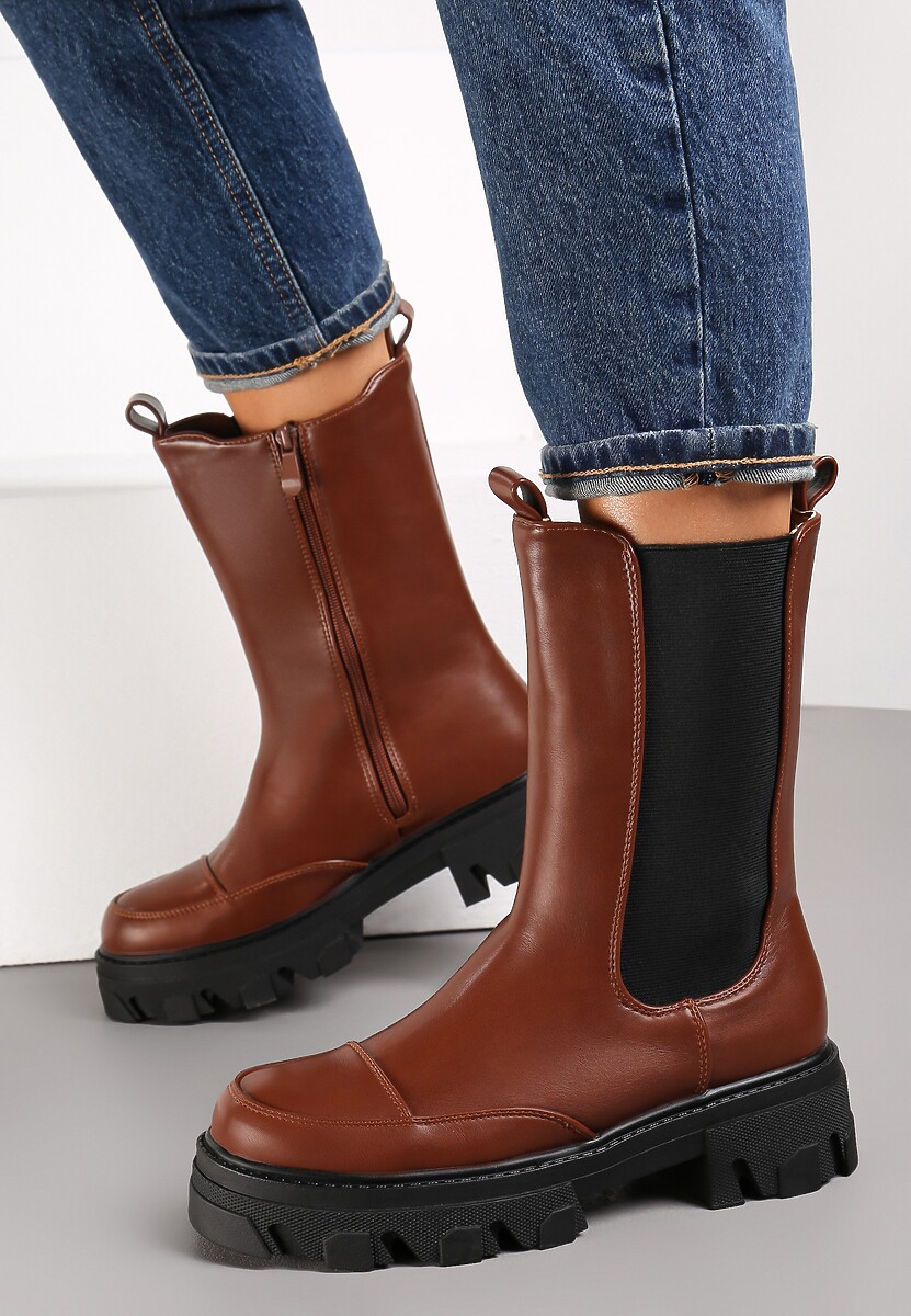 Brązowe Botki Sztyblety na Grubej Podeszwie Tenn