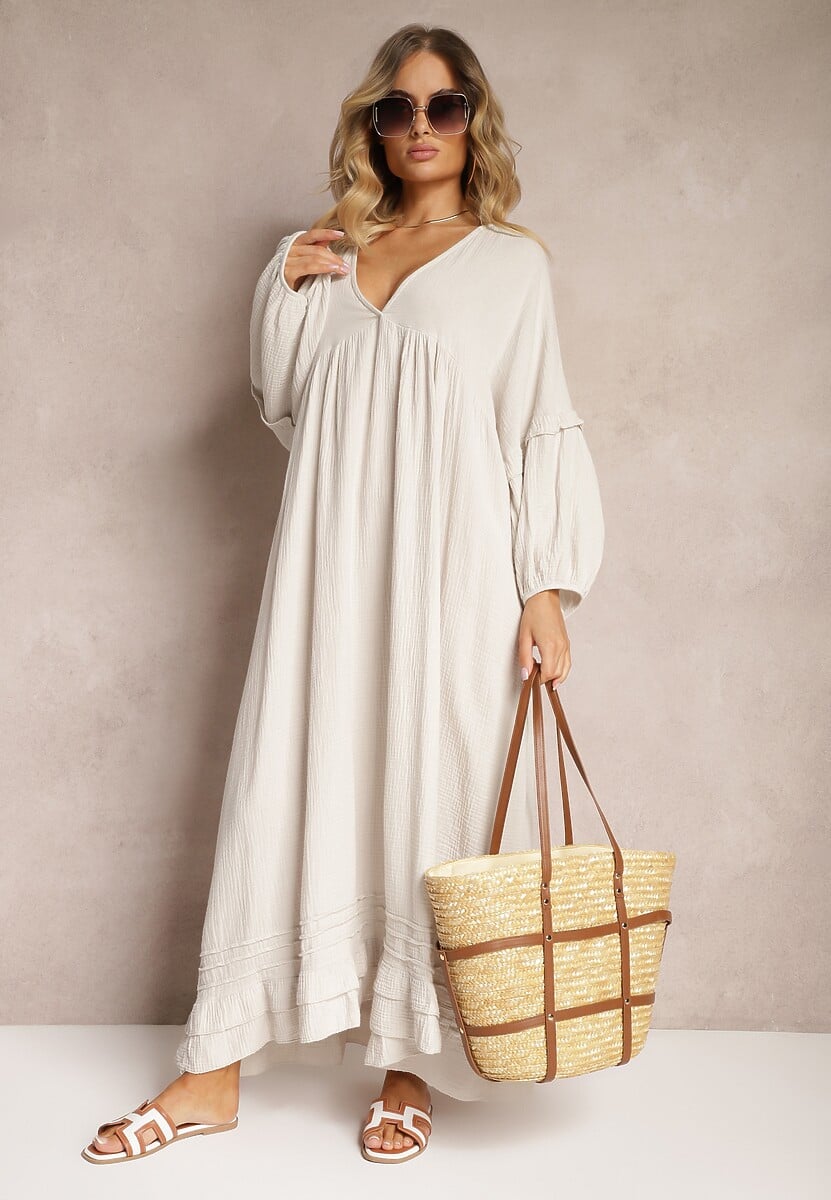 Beżowa Muślinowa Trapezowa Sukienka z Bawełny Wykończona Falbaną i Ozdobnymi Rękawami Tanisea